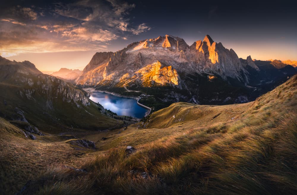 Golden Peaks and Lake by Karol Nienartowicz — canvas wall art
