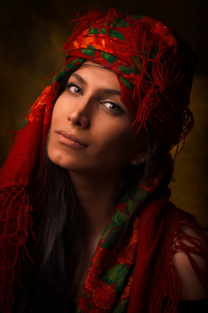 Captivating Woman Red Headscarf by Mehdi Mokhtari — canvas wall art