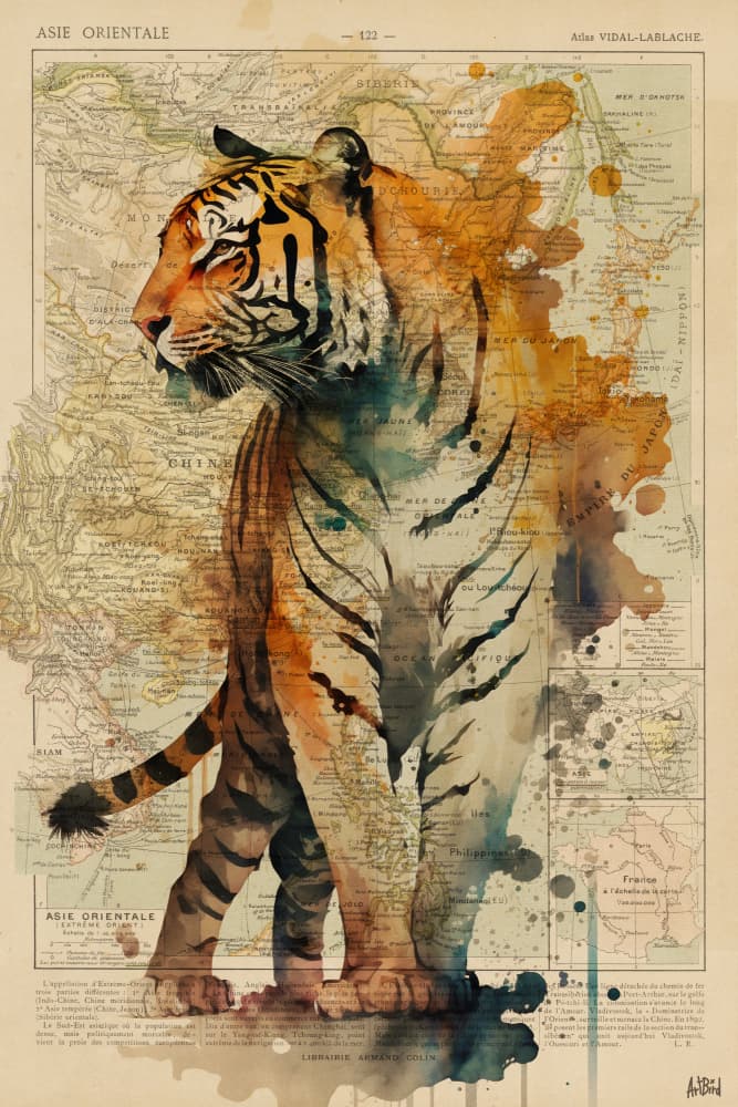 Watercolor Tiger Map by thomas chedeville — canvas wall art