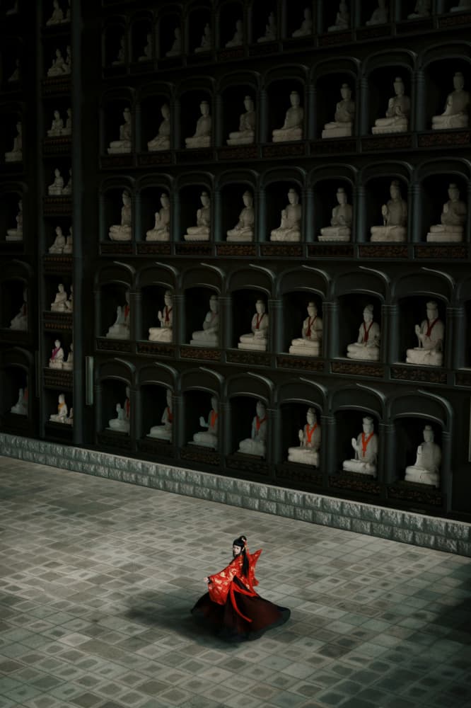 Red Dancer Ancient Temple by Hiroaki Suemasa — canvas wall art