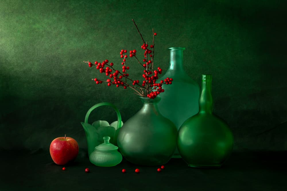 Green Bottles Red Berries by Wendy Xu — canvas wall art