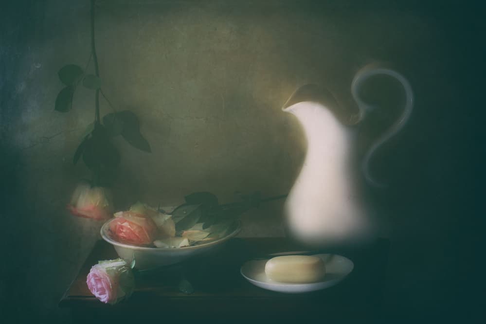Faded Roses and Pitcher by Delphine Devos — canvas wall art