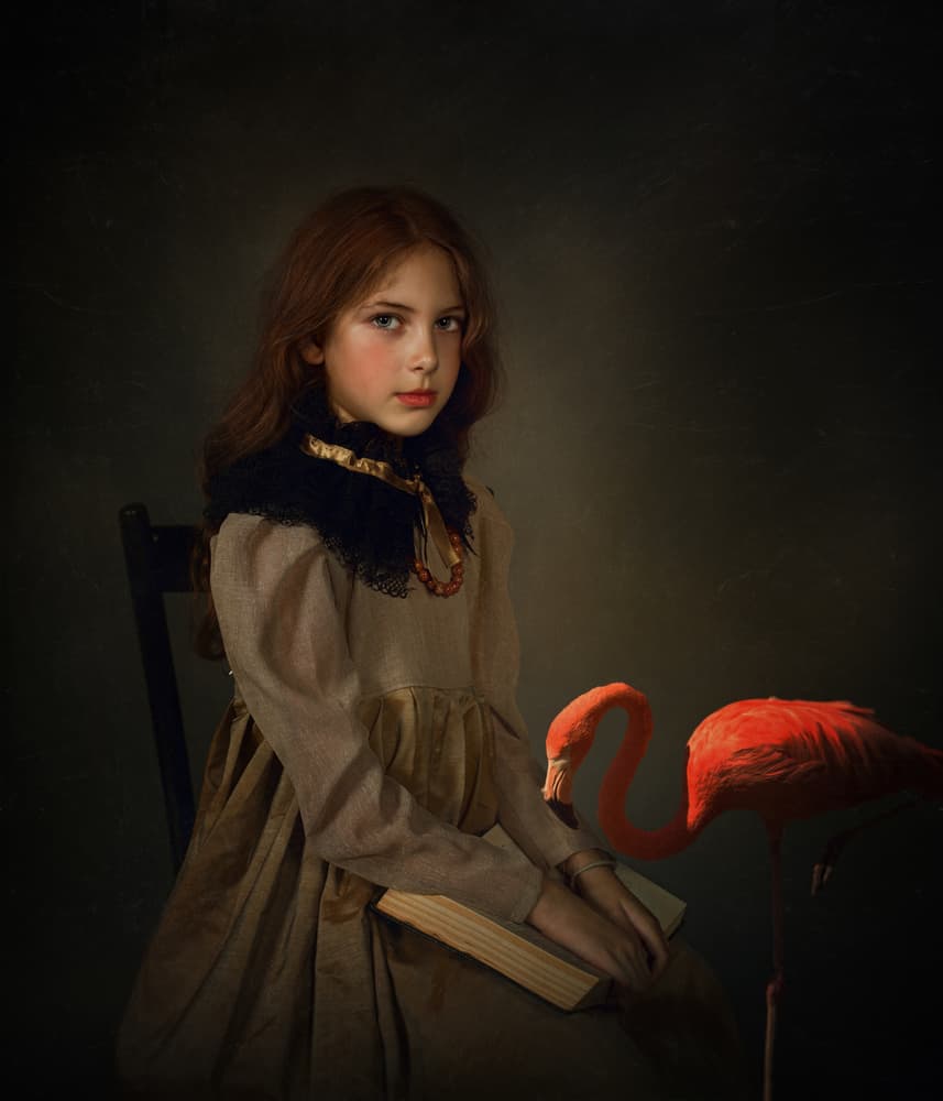 Young Girl and Flamingo by Svetlana Melik-Nubarova — canvas wall art