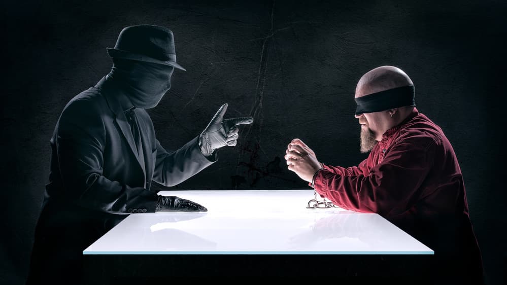 Masked Figure Interrogates Captive by Petri Damstén — canvas wall art