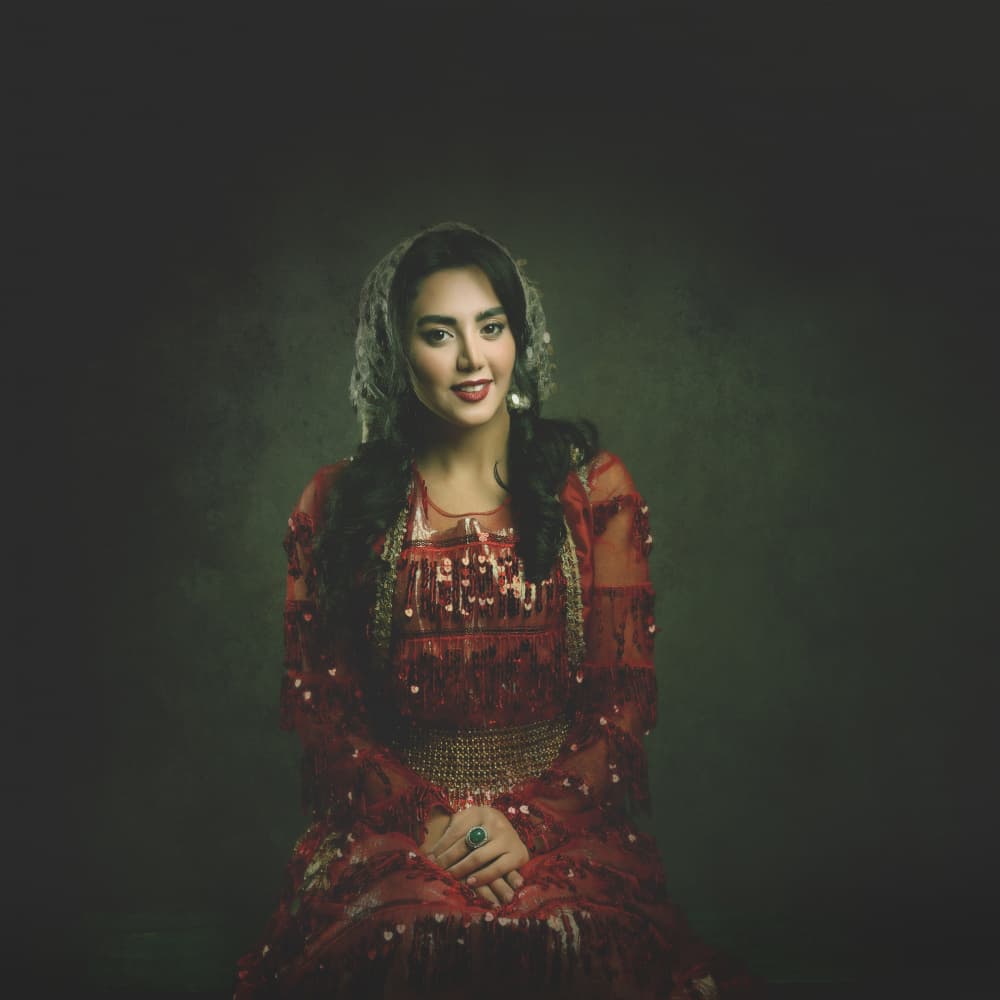 Smiling Woman Red Dress by Moein Hasheminasab — canvas wall art