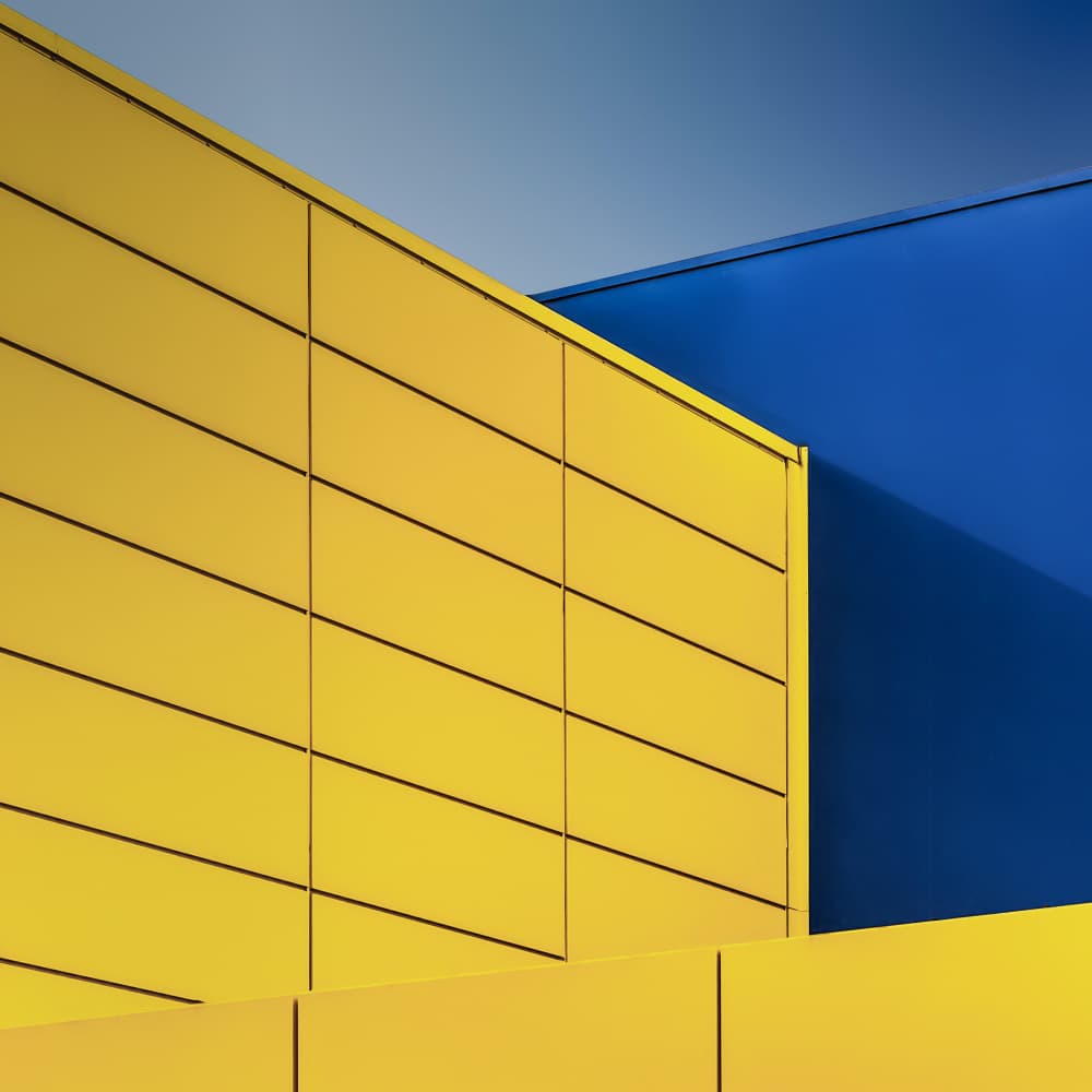 Modern Yellow Blue Architecture by Luc Vangindertael (laGrange) — canvas wall art