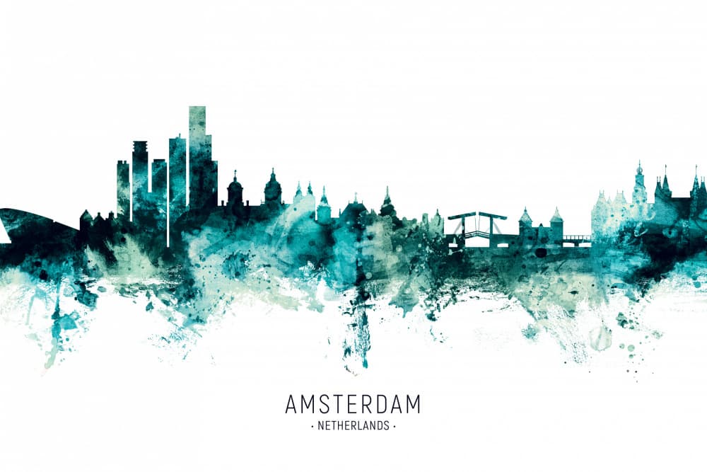 Watercolor Amsterdam Skyline by Michael Tompsett — canvas wall art