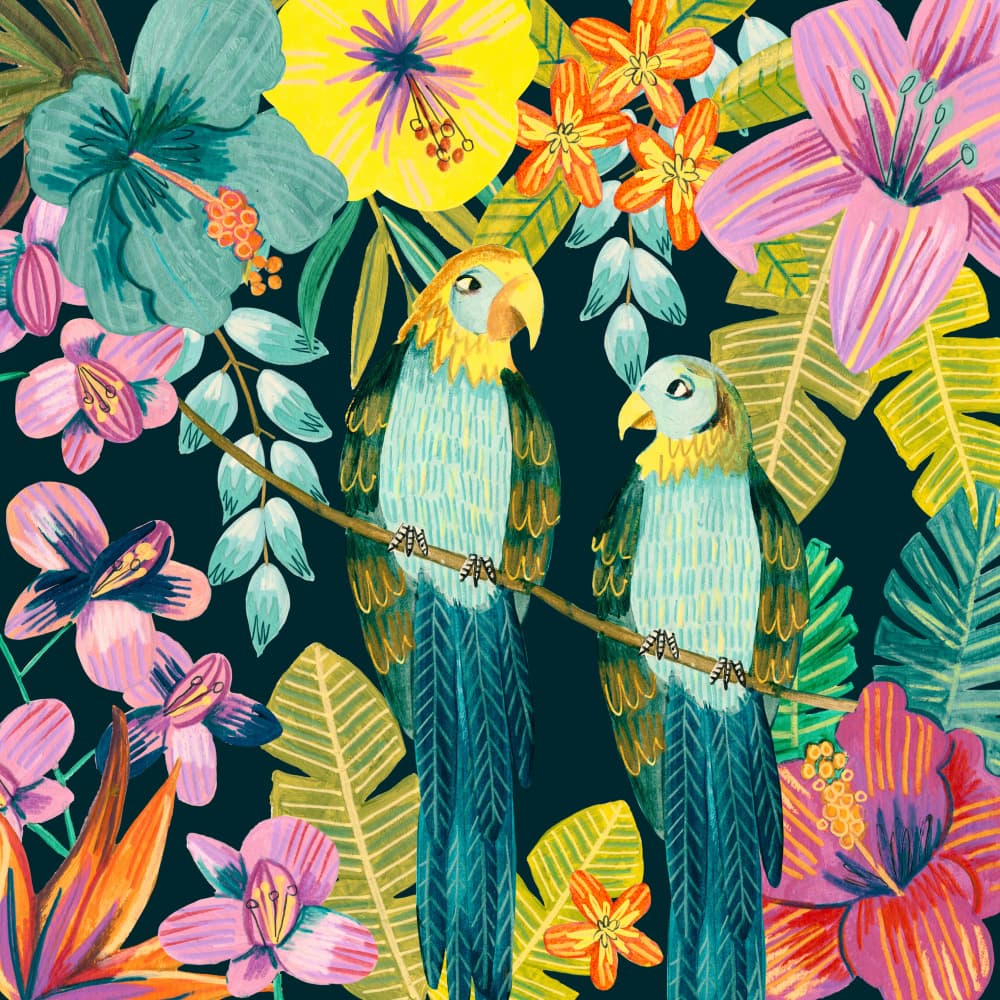 Parrots Tropical Floral Jungle by Caroline Bonne Müller — canvas wall art