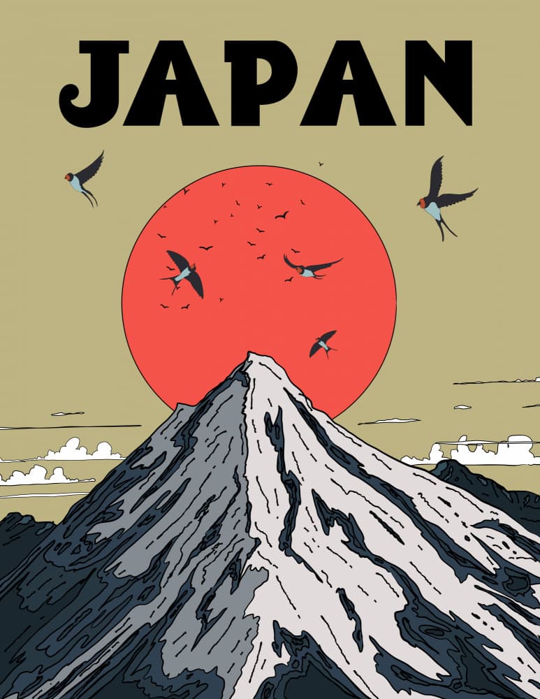 Mount Fuji Red Sun Swallows by Nicholas — canvas wall art