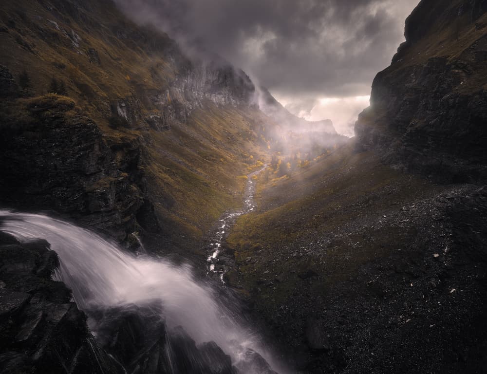 Misty Mountain Waterfall by Milos Lach — canvas wall art