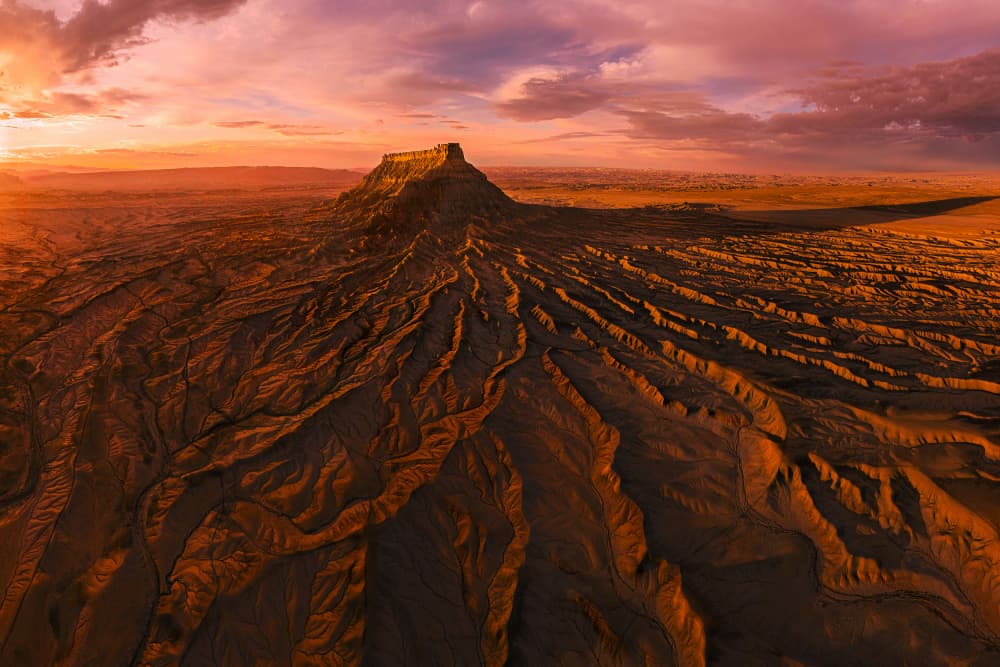 Fiery Badlands Mesa Sunset by James Cai — canvas wall art