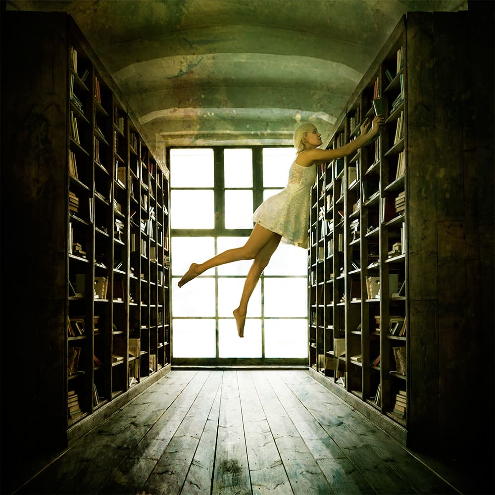Floating Woman Library Dream by Mike Darzi — canvas wall art