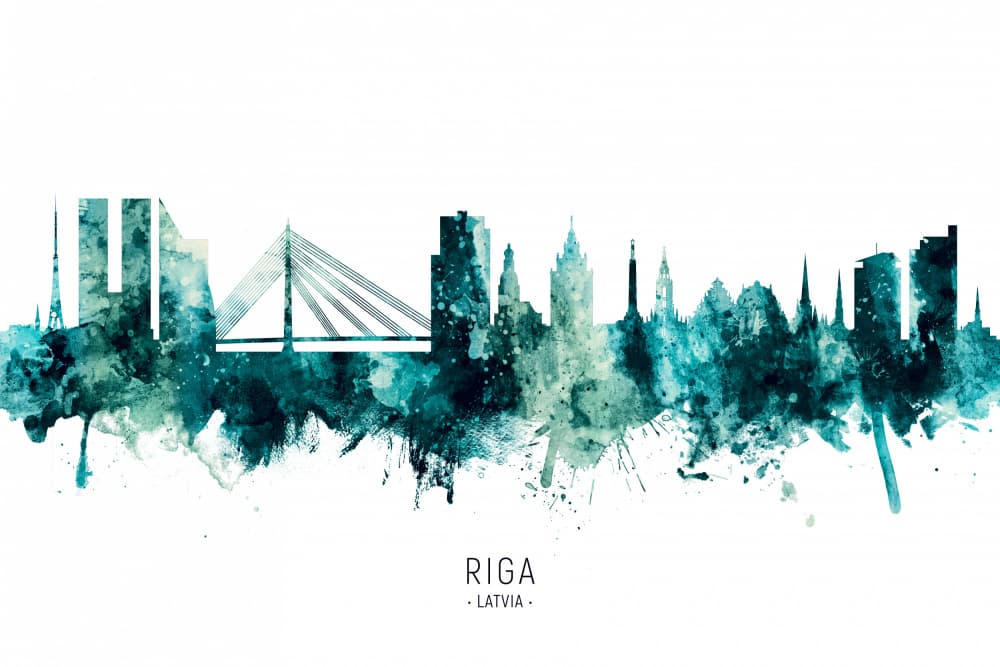 Watercolor Riga Skyline by Michael Tompsett — canvas wall art
