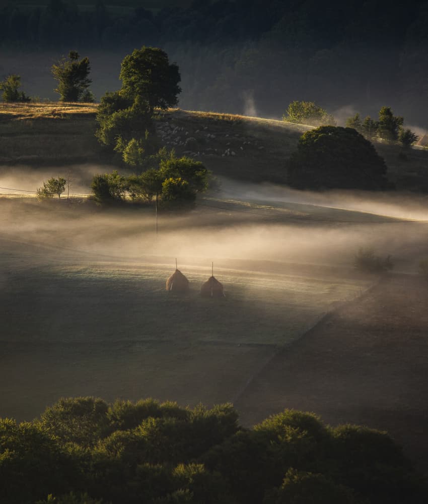 Misty Valley Haystacks by Panaana — canvas wall art