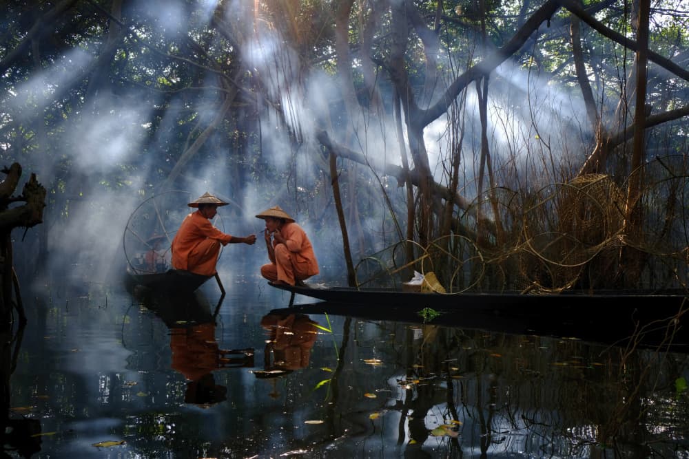 Two Boats Misty Forest by Prasad Ambati — canvas wall art