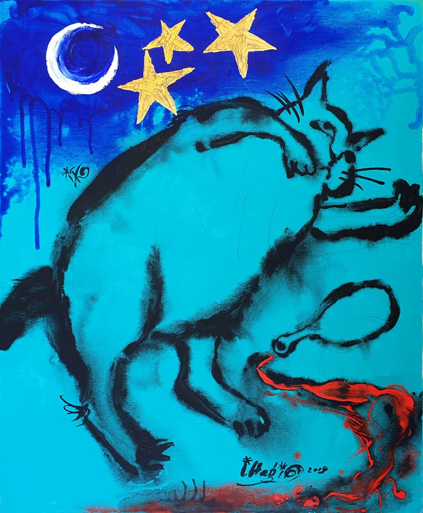 Whimsical Cat Midnight Stars by Kanat Ibragimov — canvas wall art