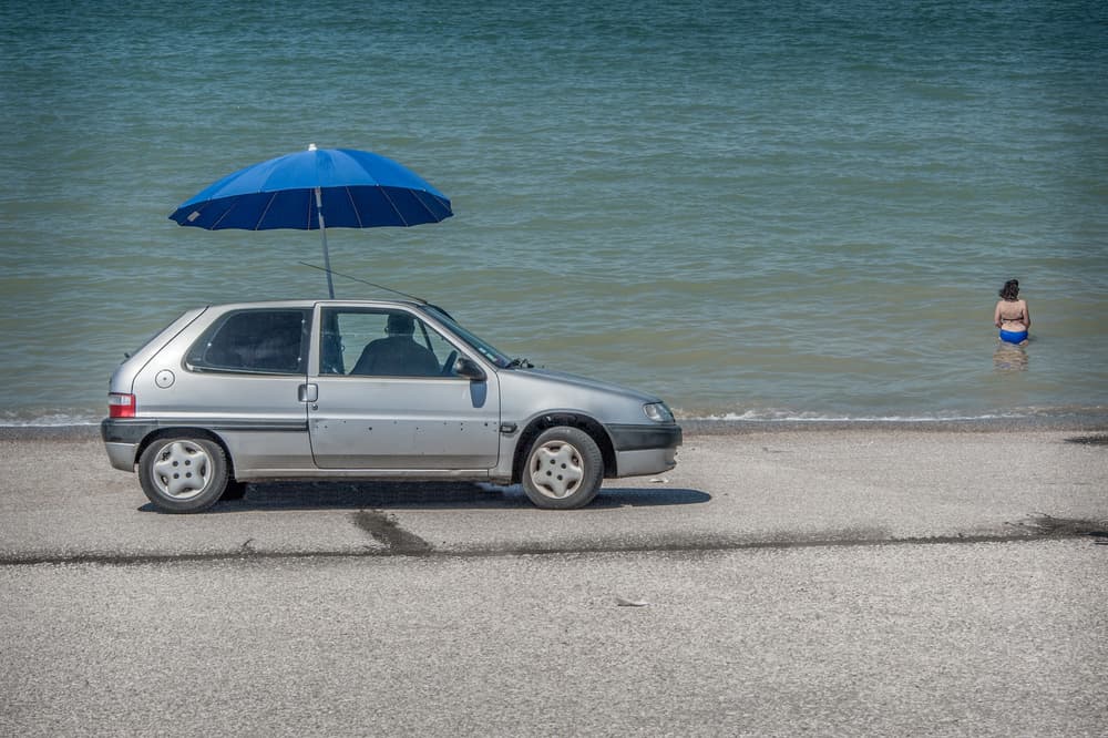 Beach Car with Umbrella by Hilde Ghesquiere — canvas wall art