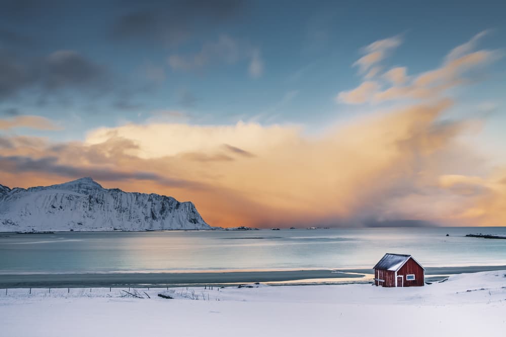 Snowy Mountain Red Cabin by UU — canvas wall art