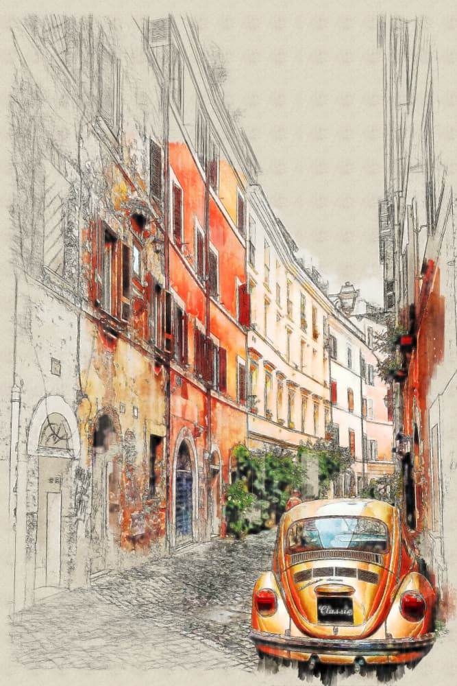Vintage Car City Sketch by Lembayung senja studio [Vintage Poster] — canvas wall art