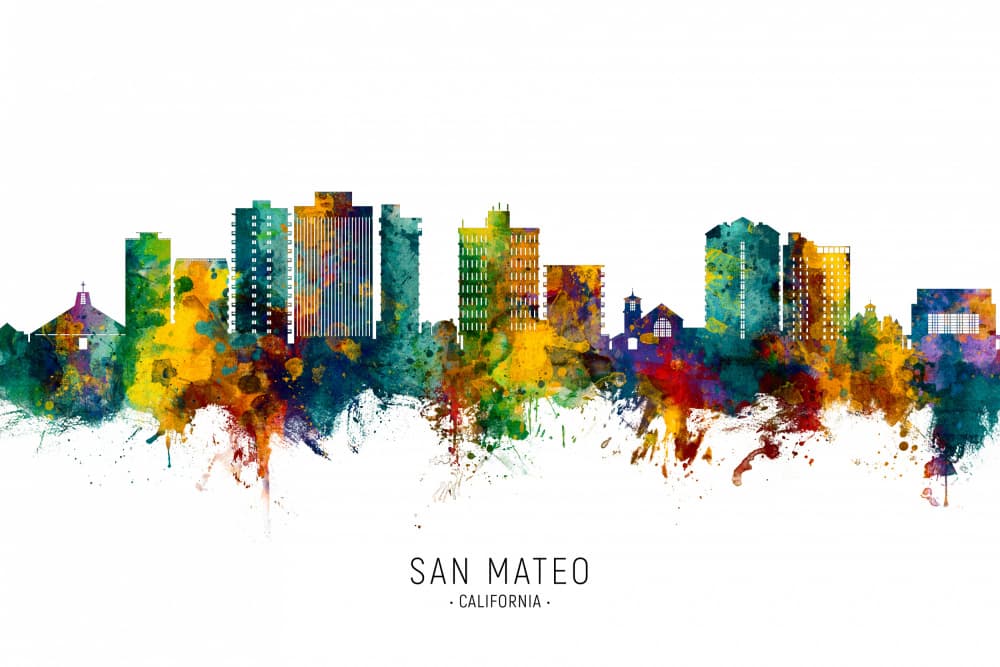 San Mateo Watercolor Skyline by Michael Tompsett — canvas wall art