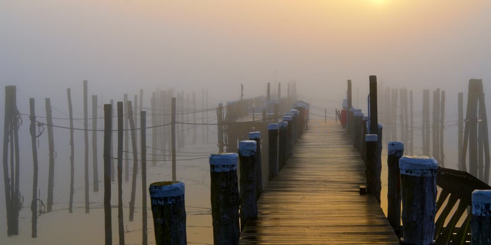 Misty Golden Pier by Bodo Balzer — canvas wall art