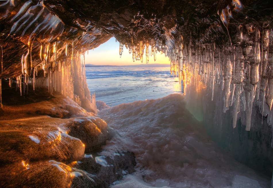 Golden Ice Cave Sunset by Alexey Kharitonov — canvas wall art