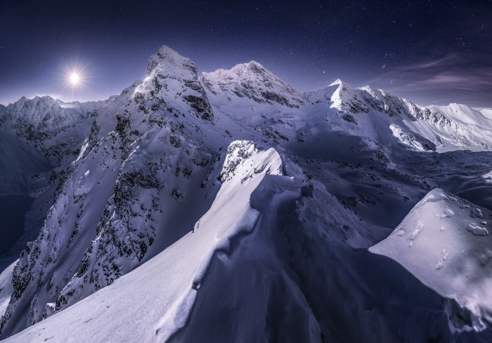 Moonlit Mountain Peaks by Karol Nienartowicz — canvas wall art