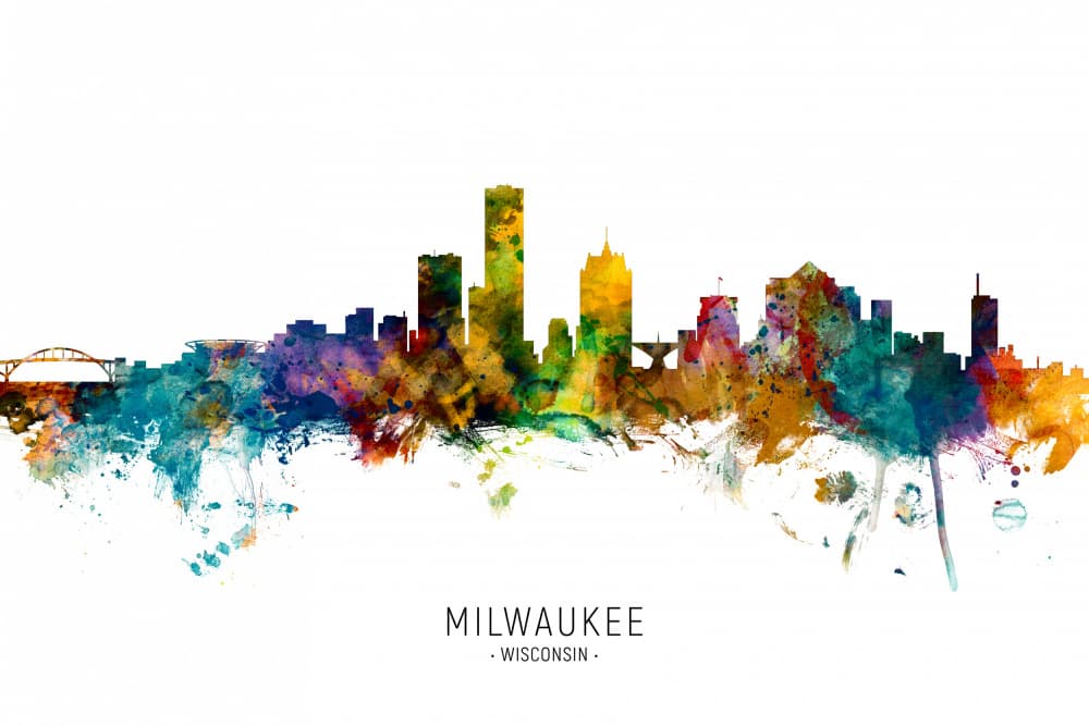 Milwaukee Watercolor Skyline by Michael Tompsett — canvas wall art