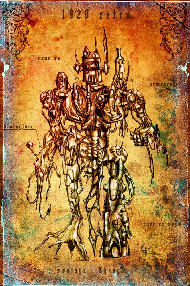 Retro Steampunk Robot Diagram by Rafal Kulik — canvas wall art