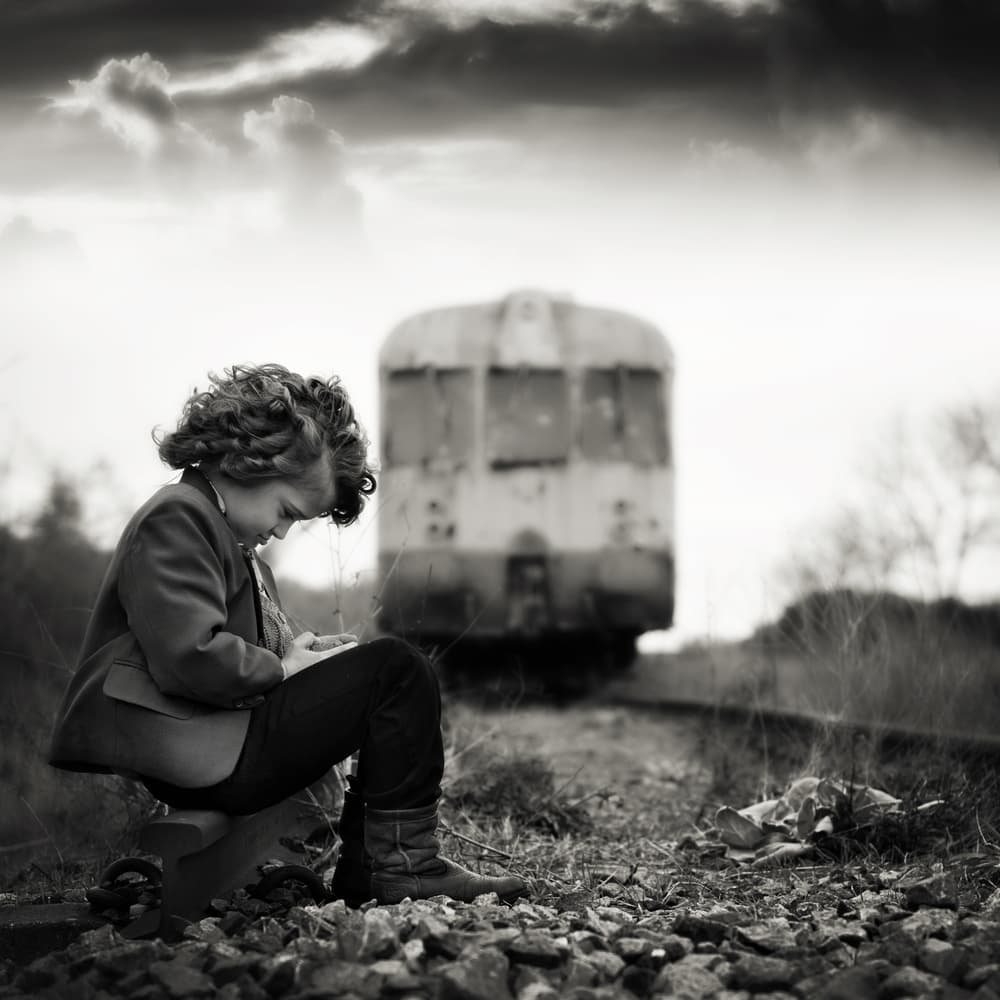 Pensive Child Railway Tracks by Ewa Cwikla — canvas wall art