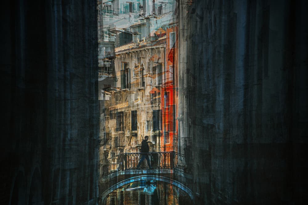 Man On Old City Bridge by Damijan Sedevcic — canvas wall art