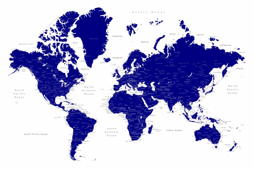 Blue World Map by Rosana Laiz Blursbyai — canvas wall art