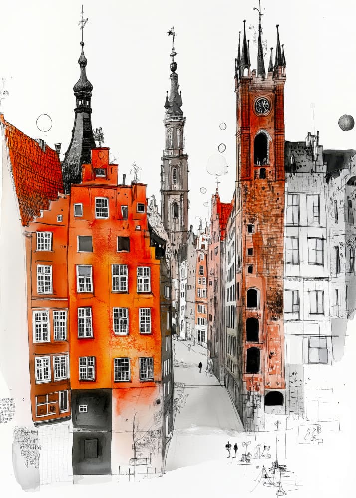 Colorful City Street Sketch by Justyna Jaszke — canvas wall art