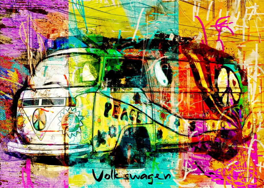 Colorful Hippie Camper Van by Lembayung senja studio [Vintage Poster] — canvas wall art