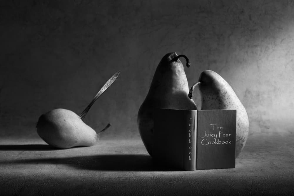 Pear Cookbook Still Life by Victoria  Glinka — canvas wall art