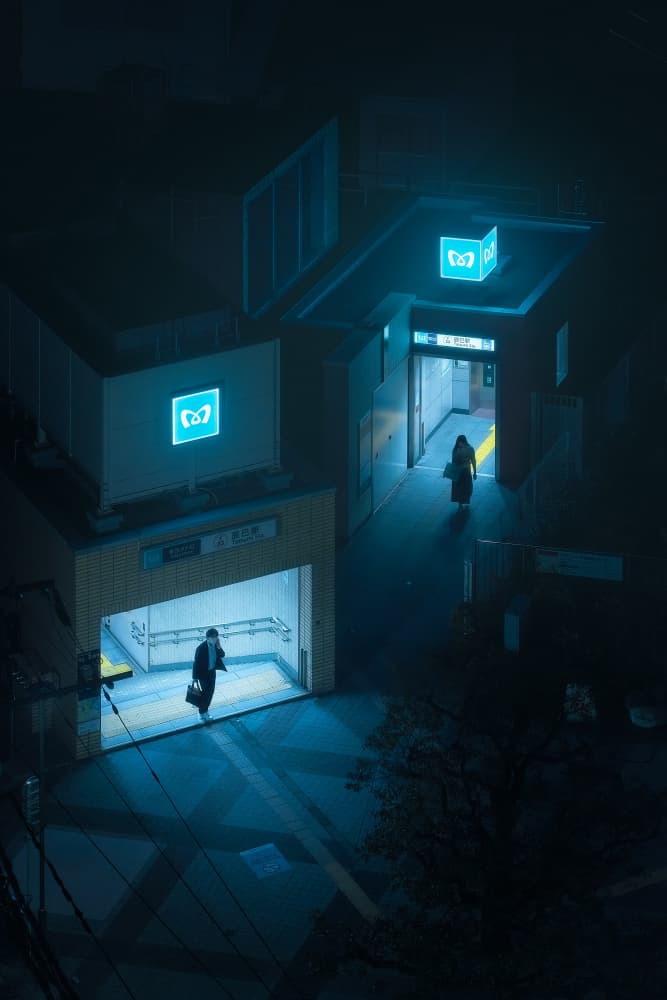 Blue Urban Night Commute by Javier de la Torre — canvas wall art
