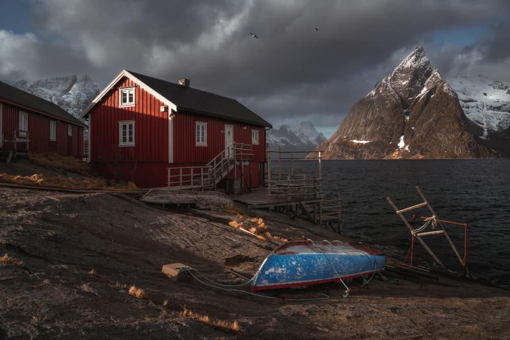 Red House Fjord Landscape by Andreea Selagea — canvas wall art