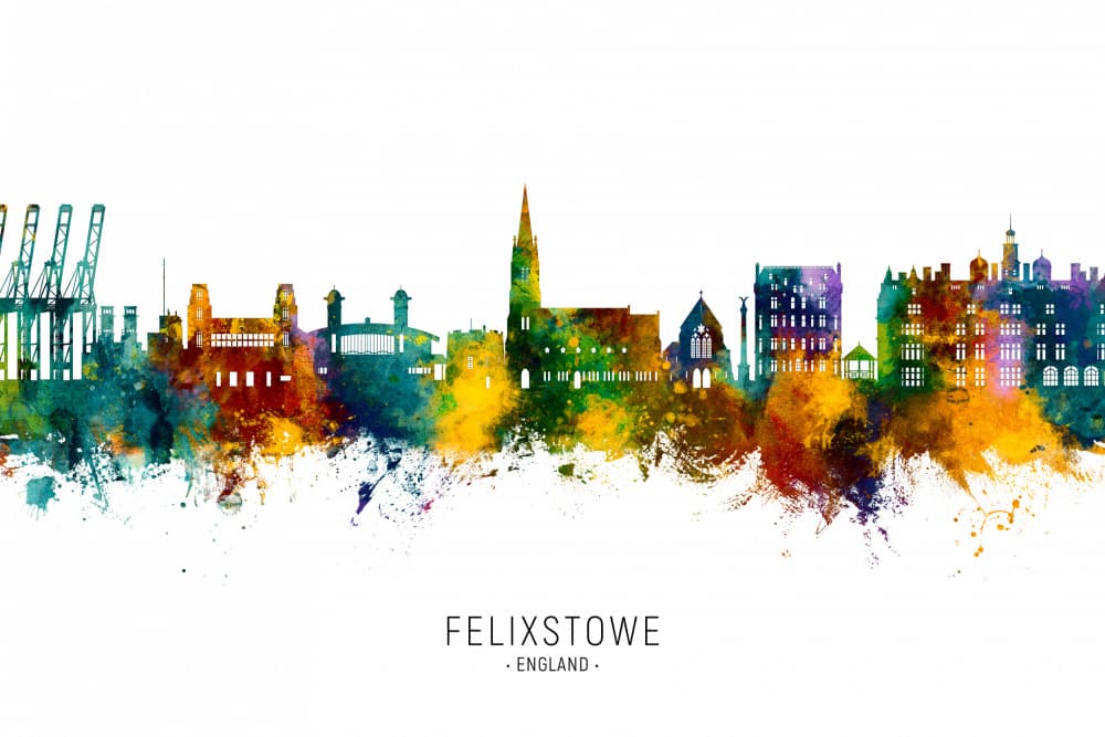 Colorful Felixstowe Skyline by Michael Tompsett — canvas wall art