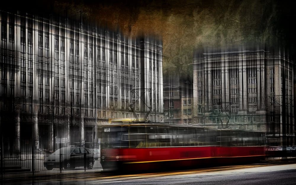 Red Tram City Motion by Raffaele Corte — canvas wall art