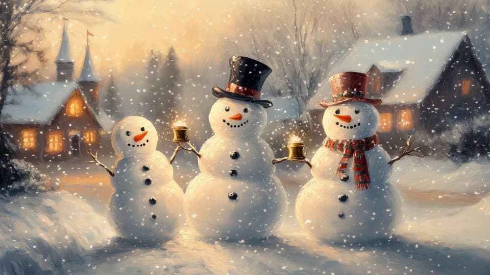 Festive Snowmen Winter Evening by Pictufy Studio IV — canvas wall art