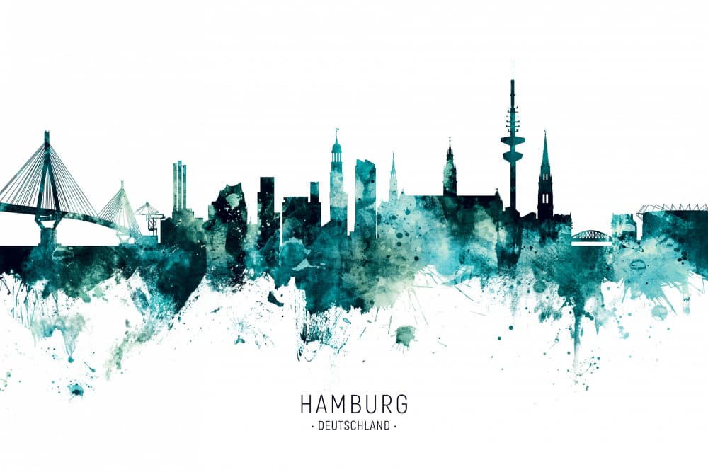Hamburg Watercolor Skyline by Michael Tompsett — canvas wall art