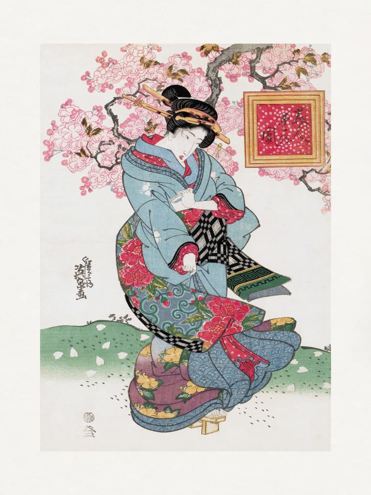 Japanese Woman (1828) Vintage Woodblock Print With Boarder by Keisai Eisen — canvas wall art