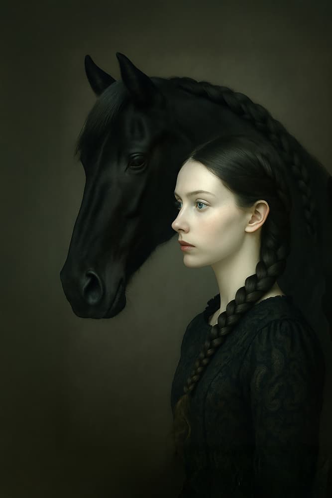 Mysterious Girl and Horse by Ionel Onofras — canvas wall art
