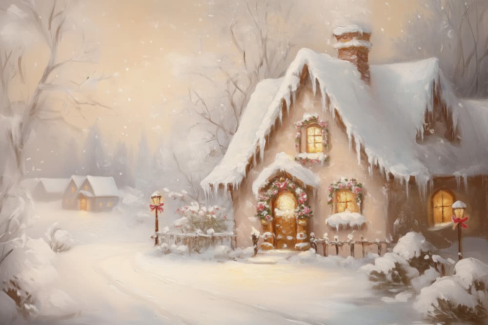 Cozy Winter Cottage by Melloi Art Prints — canvas wall art