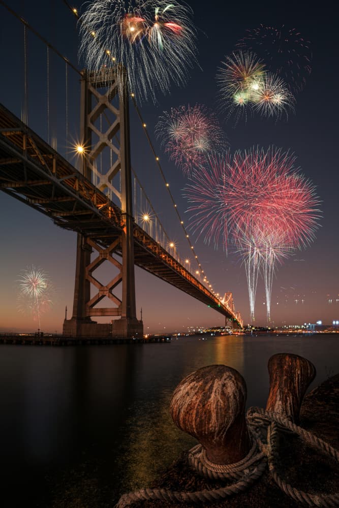 Bay Bridge Fireworks Night by DonnaHom APA — canvas wall art