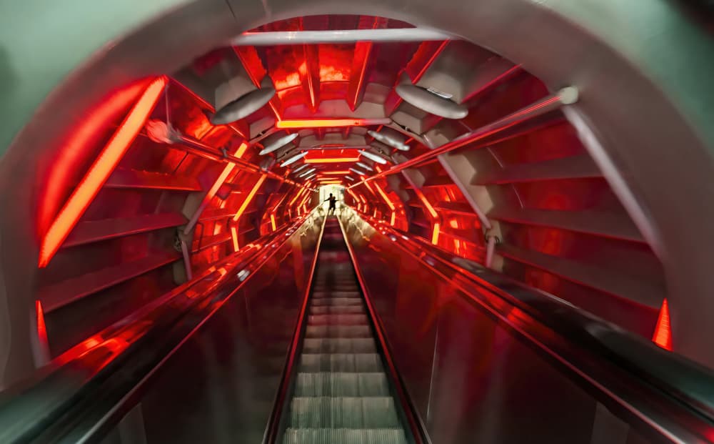 Red Light Escalator Tunnel by Fernando Abreu — canvas wall art