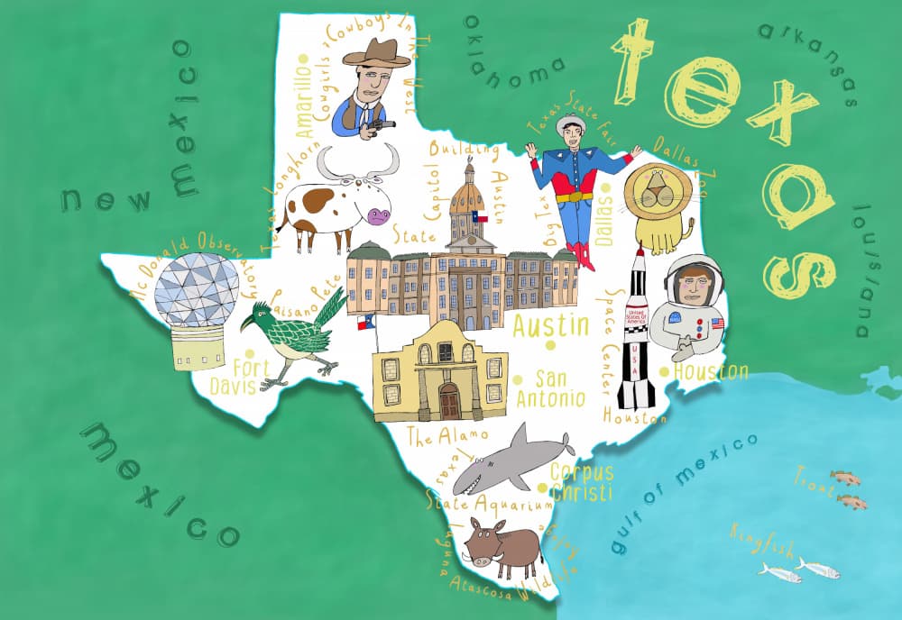 Illustrated Texas State Map by Carla Daly — canvas wall art