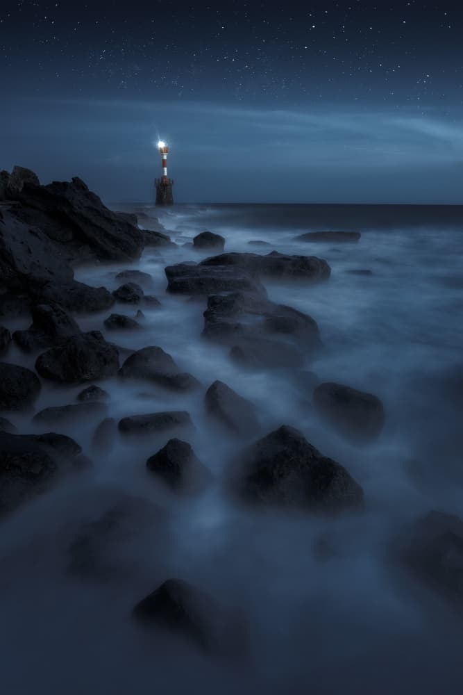 Starry Night Lighthouse by Sylviashen — canvas wall art
