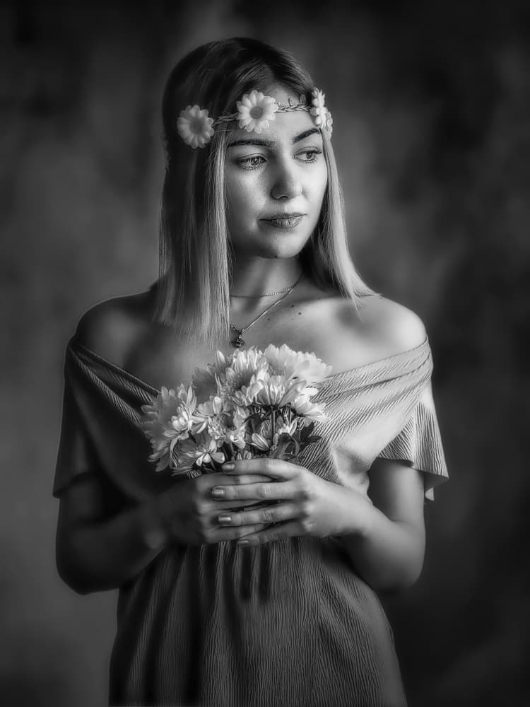 Serene Woman with Daisies by Nicolae  Stefanel Rusu — canvas wall art