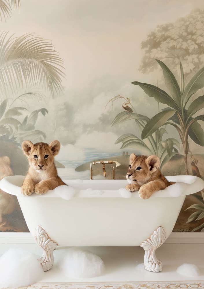 Lion Cubs Bubble Bath by Niky Rahner — canvas wall art
